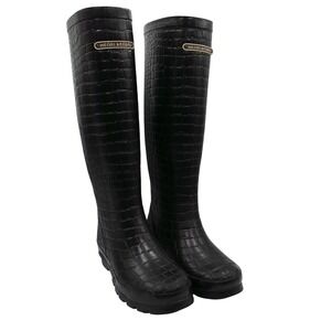 Henri Bendel Women's Black Crocodile Embossed Rubber Rain Boots Sz 7 Tall